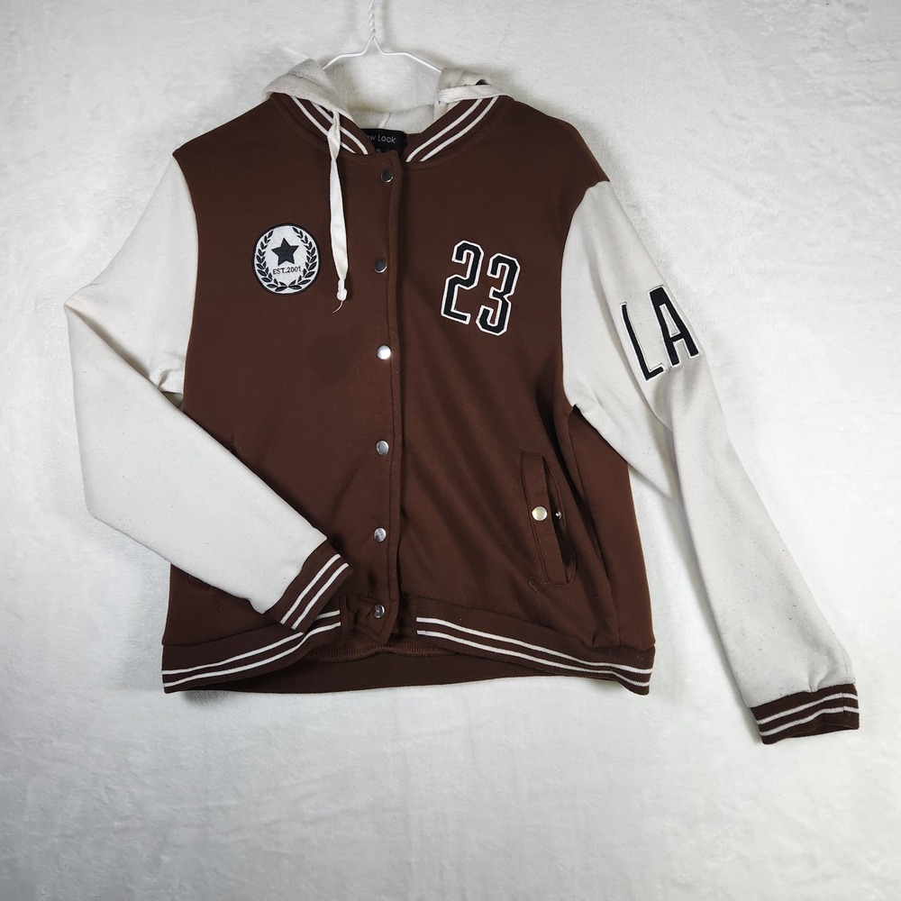 New Look Womens XL Brown Varsity Jacket Hooded LA 23‎ Star Patch